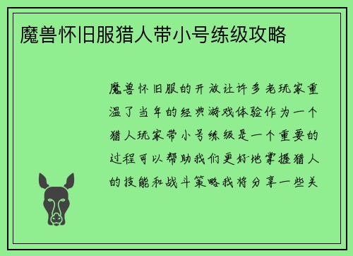 魔兽怀旧服猎人带小号练级攻略